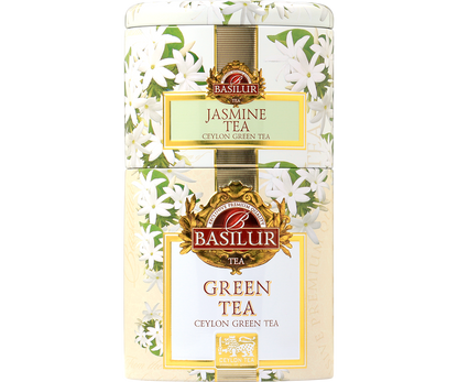 Opakowanie Basilur Jasmine & Green Tea – elegancka puszka z białymi kwiatami jaśminu.
