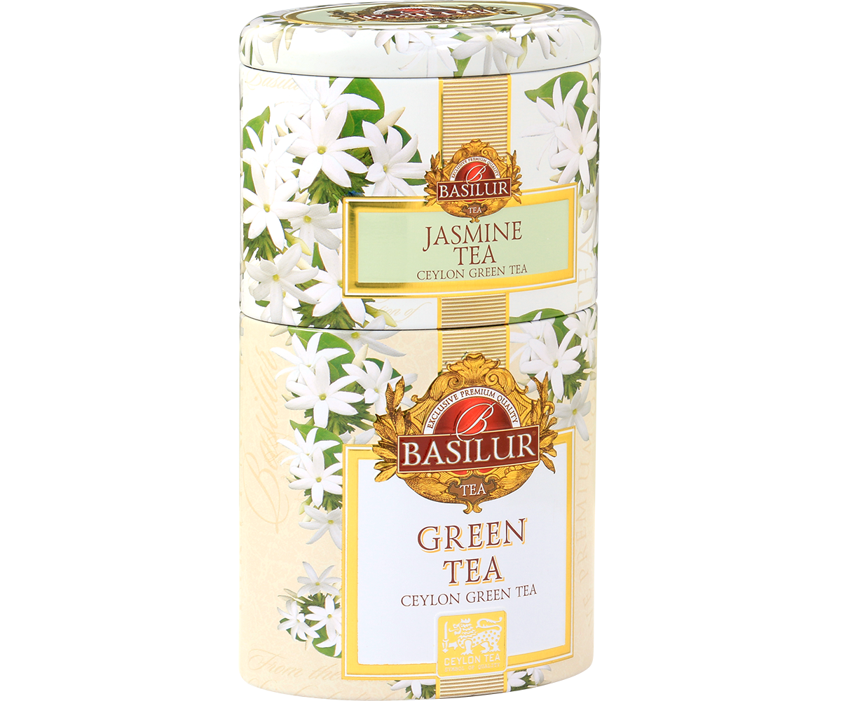 Zestaw dwóch zielonych herbat Basilur – klasyczna Green Tea i aromatyczna Jasmine Tea.