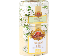 Zestaw dwóch zielonych herbat Basilur – klasyczna Green Tea i aromatyczna Jasmine Tea.