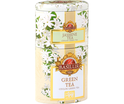 Zestaw dwóch zielonych herbat Basilur – klasyczna Green Tea i aromatyczna Jasmine Tea.