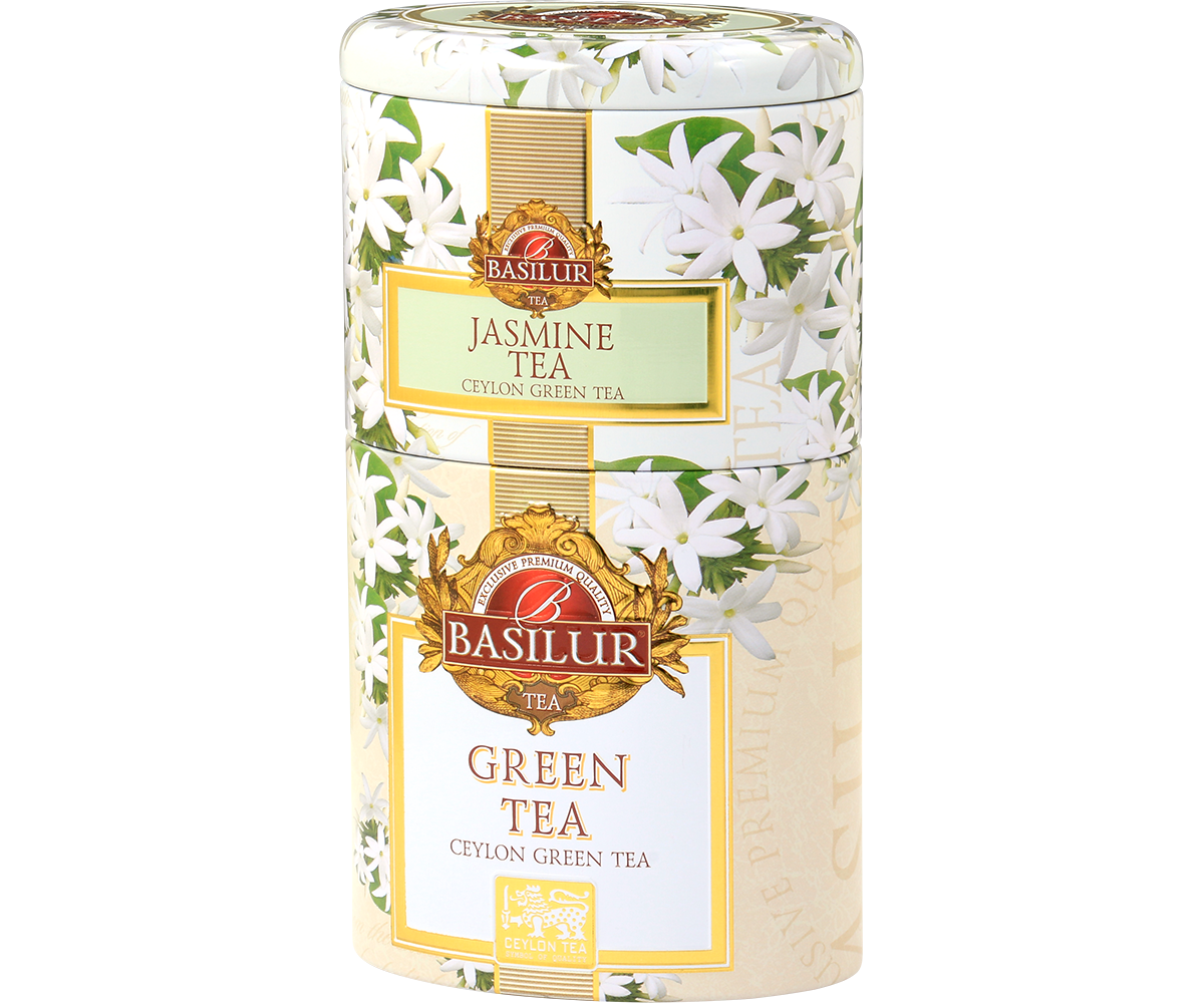 Puszka Basilur z herbatami Jasmine Tea i Green Tea w kwiatowym motywie jaśminu.