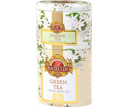 Puszka Basilur z herbatami Jasmine Tea i Green Tea w kwiatowym motywie jaśminu.