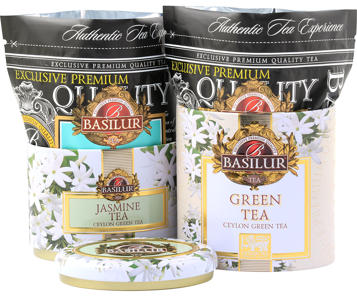 Komplet Basilur z herbatami jaśminową i zieloną w ozdobnych opakowaniach.