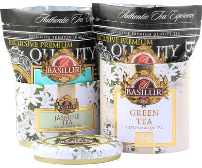 Komplet Basilur z herbatami jaśminową i zieloną w ozdobnych opakowaniach.