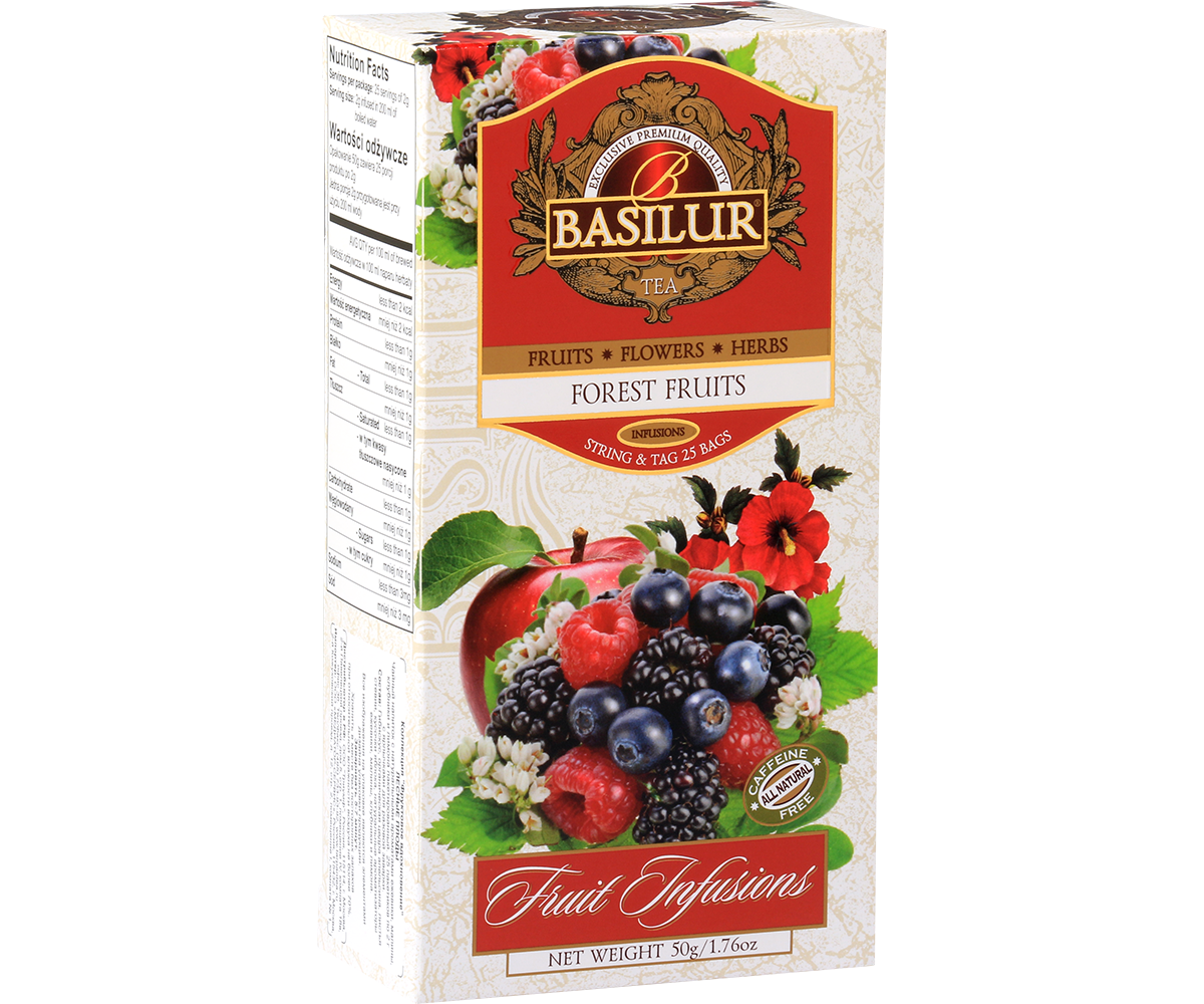 Herbata Basilur Forest Fruits – opakowanie z motywem malin, jeżyn i borówek.