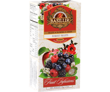 Herbata Basilur Forest Fruits – opakowanie z motywem malin, jeżyn i borówek.