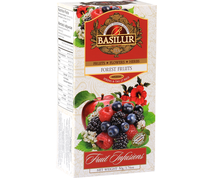 Herbata Basilur Forest Fruits – opakowanie z motywem malin, jeżyn i borówek.