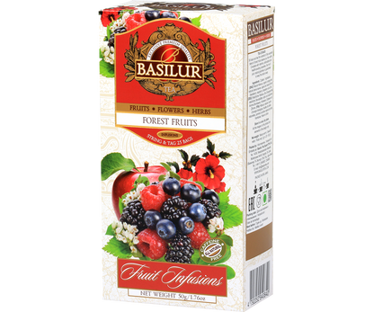 Herbata Basilur Forest Fruits w kartonowym pudełku – 25 torebek o owocowym aromacie.