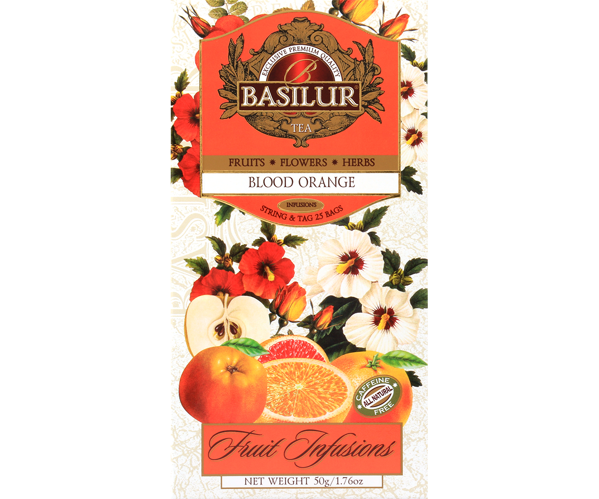 Front pudełka Basilur Blood Orange z grafiką owoców i napisem Fruit Infusions.