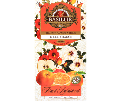 Front pudełka Basilur Blood Orange z grafiką owoców i napisem Fruit Infusions.