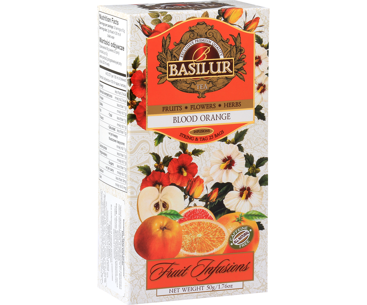 Herbata Basilur Blood Orange – opakowanie z motywem pomarańczy i hibiskusa.