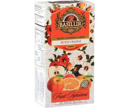 Herbata Basilur Blood Orange – opakowanie z motywem pomarańczy i hibiskusa.