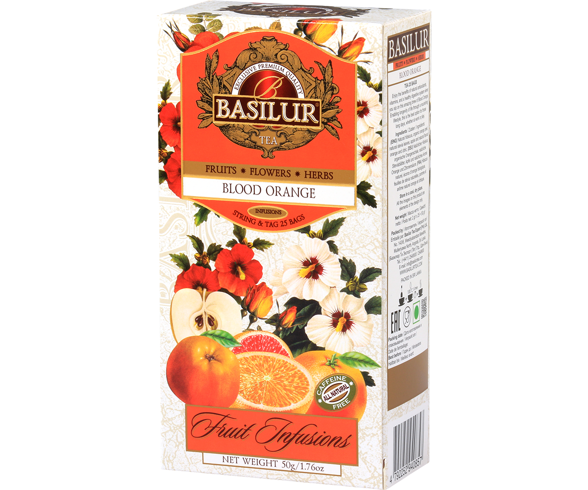Kartonowe opakowanie herbaty Basilur Blood Orange – 25 torebek o cytrusowym aromacie.