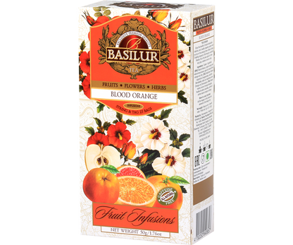 Kartonowe opakowanie herbaty Basilur Blood Orange – 25 torebek o cytrusowym aromacie.