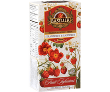 Herbata owocowa Basilur Strawberry & Raspberry w pudełku, aromatyczna mieszanka truskawki i maliny.