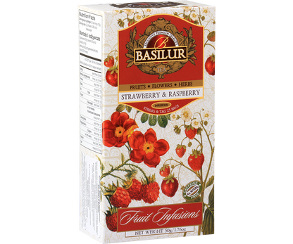 Herbata owocowa Basilur Strawberry & Raspberry w pudełku, aromatyczna mieszanka truskawki i maliny.