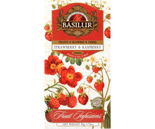 Opakowanie herbaty Basilur Strawberry & Raspberry z ilustracjami malin i truskawek, herbata bez kofeiny.