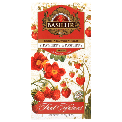 Opakowanie herbaty Basilur Strawberry & Raspberry z ilustracjami malin i truskawek, herbata bez kofeiny.