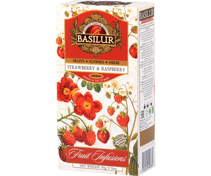 Bok opakowania Basilur Strawberry & Raspberry z informacjami odżywczymi i dekoracyjnym motywem owoców.