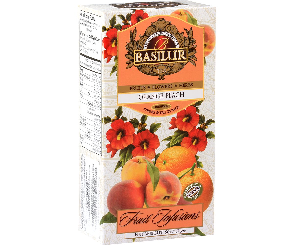 Herbata owocowa Basilur Orange Peach w eleganckim opakowaniu, połączenie pomarańczy i brzoskwini.