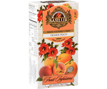 Herbata owocowa Basilur Orange Peach w eleganckim opakowaniu, połączenie pomarańczy i brzoskwini.