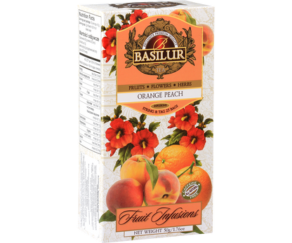 Herbata owocowa Basilur Orange Peach w eleganckim opakowaniu, połączenie pomarańczy i brzoskwini.
