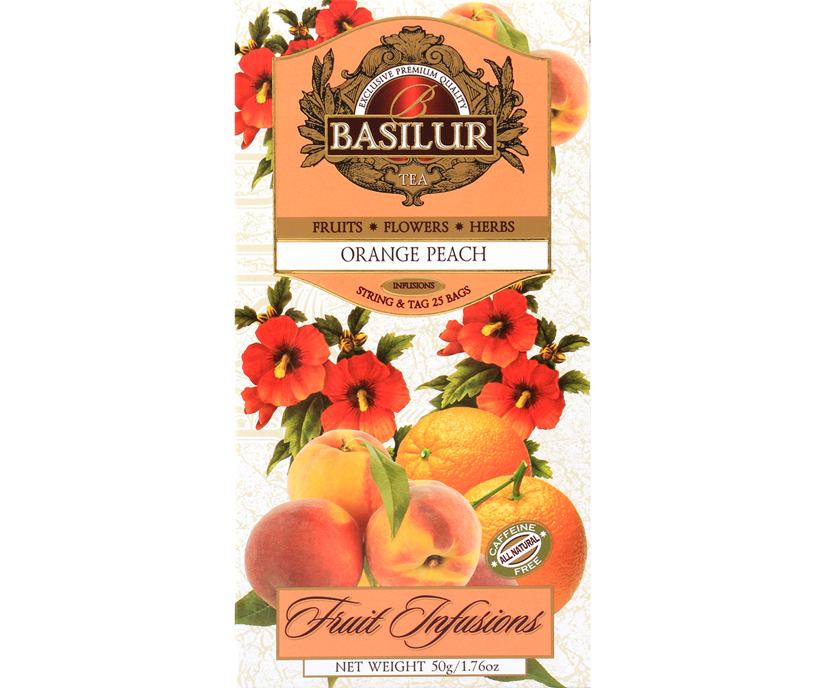 Opakowanie herbaty Basilur Orange Peach z ilustracjami owoców i kwiatów, naturalna herbata bez kofeiny.