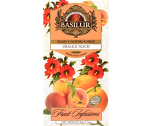 Opakowanie herbaty Basilur Orange Peach z ilustracjami owoców i kwiatów, naturalna herbata bez kofeiny.