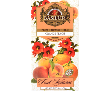 Opakowanie herbaty Basilur Orange Peach z ilustracjami owoców i kwiatów, naturalna herbata bez kofeiny.