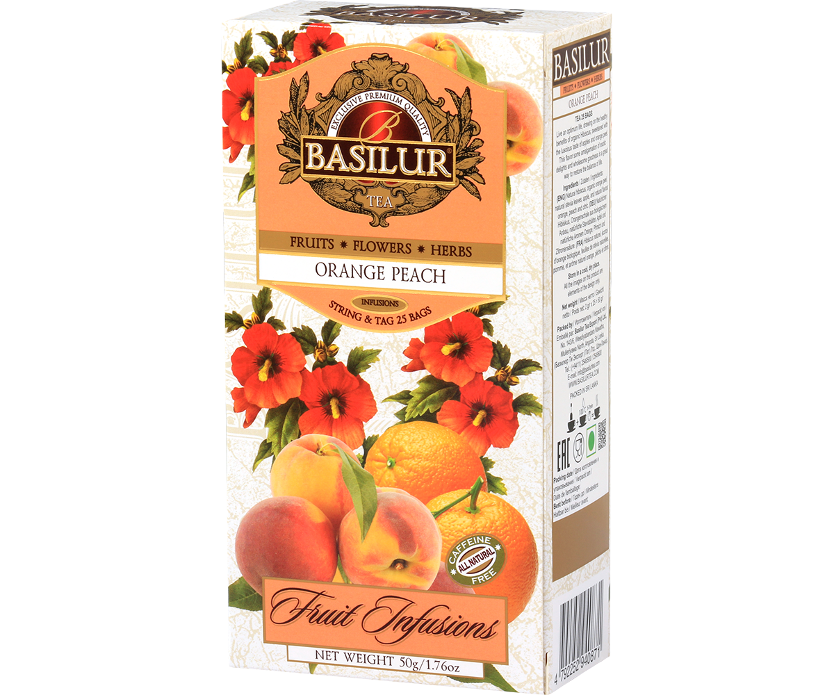 Bok pudełka Basilur Orange Peach z informacjami odżywczymi i dekoracyjnym motywem pomarańczy i brzoskwiń.