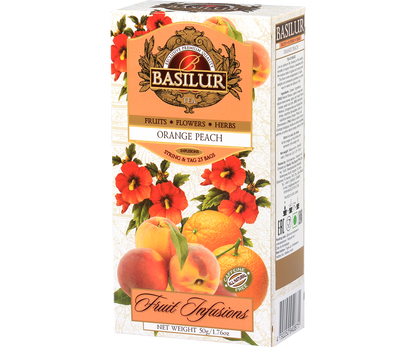 Bok pudełka Basilur Orange Peach z informacjami odżywczymi i dekoracyjnym motywem pomarańczy i brzoskwiń.
