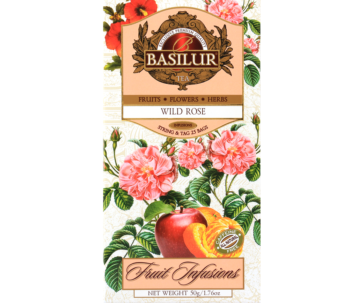 Herbata Basilur Wild Rose w eleganckim opakowaniu z motywem róż – owocowo-kwiatowa kompozycja bez kofeiny.