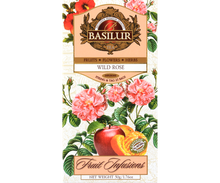 Herbata Basilur Wild Rose w eleganckim opakowaniu z motywem róż – owocowo-kwiatowa kompozycja bez kofeiny.