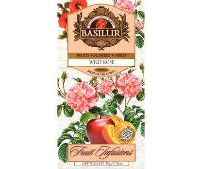 Herbata Basilur Wild Rose w eleganckim opakowaniu z motywem róż – owocowo-kwiatowa kompozycja bez kofeiny.