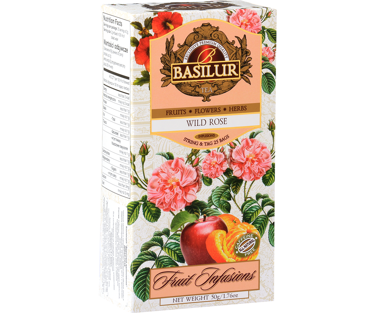 Opakowanie herbaty Basilur Wild Rose z ilustracją róż, jabłka i pomarańczy – naturalna mieszanka owoców i kwiatów.