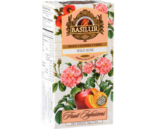 Opakowanie herbaty Basilur Wild Rose z ilustracją róż, jabłka i pomarańczy – naturalna mieszanka owoców i kwiatów.