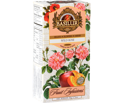 Opakowanie herbaty Basilur Wild Rose z ilustracją róż, jabłka i pomarańczy – naturalna mieszanka owoców i kwiatów.