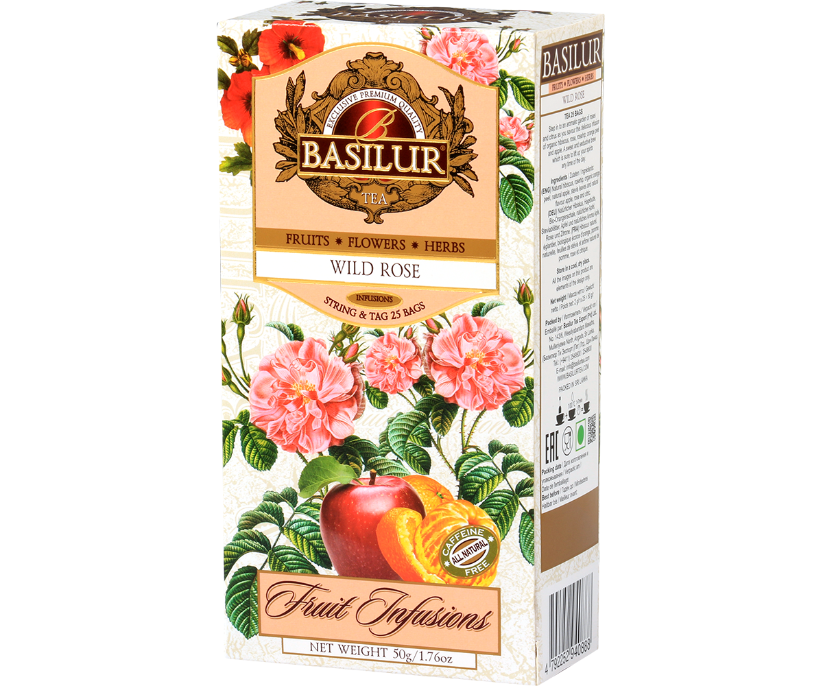 Zbliżenie na pudełko Basilur Wild Rose – herbata owocowa z dziką różą, idealna na relaks i prezent.