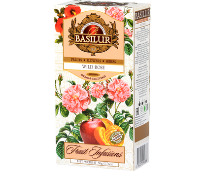 Zbliżenie na pudełko Basilur Wild Rose – herbata owocowa z dziką różą, idealna na relaks i prezent.