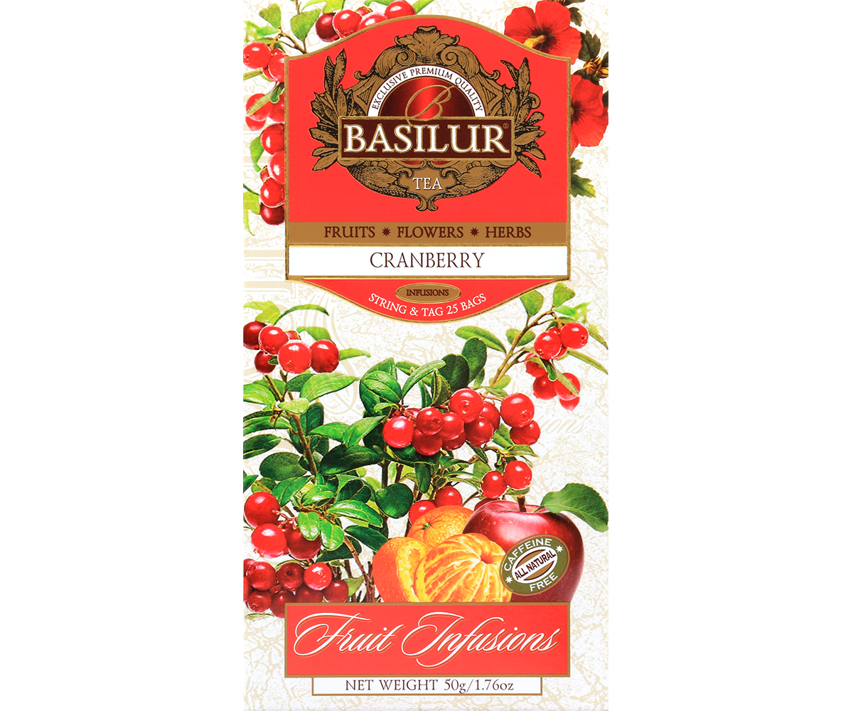 Herbata Basilur Cranberry w ozdobnym opakowaniu z motywem żurawiny – naturalna mieszanka owoców i ziół.