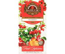 Herbata Basilur Cranberry w ozdobnym opakowaniu z motywem żurawiny – naturalna mieszanka owoców i ziół.