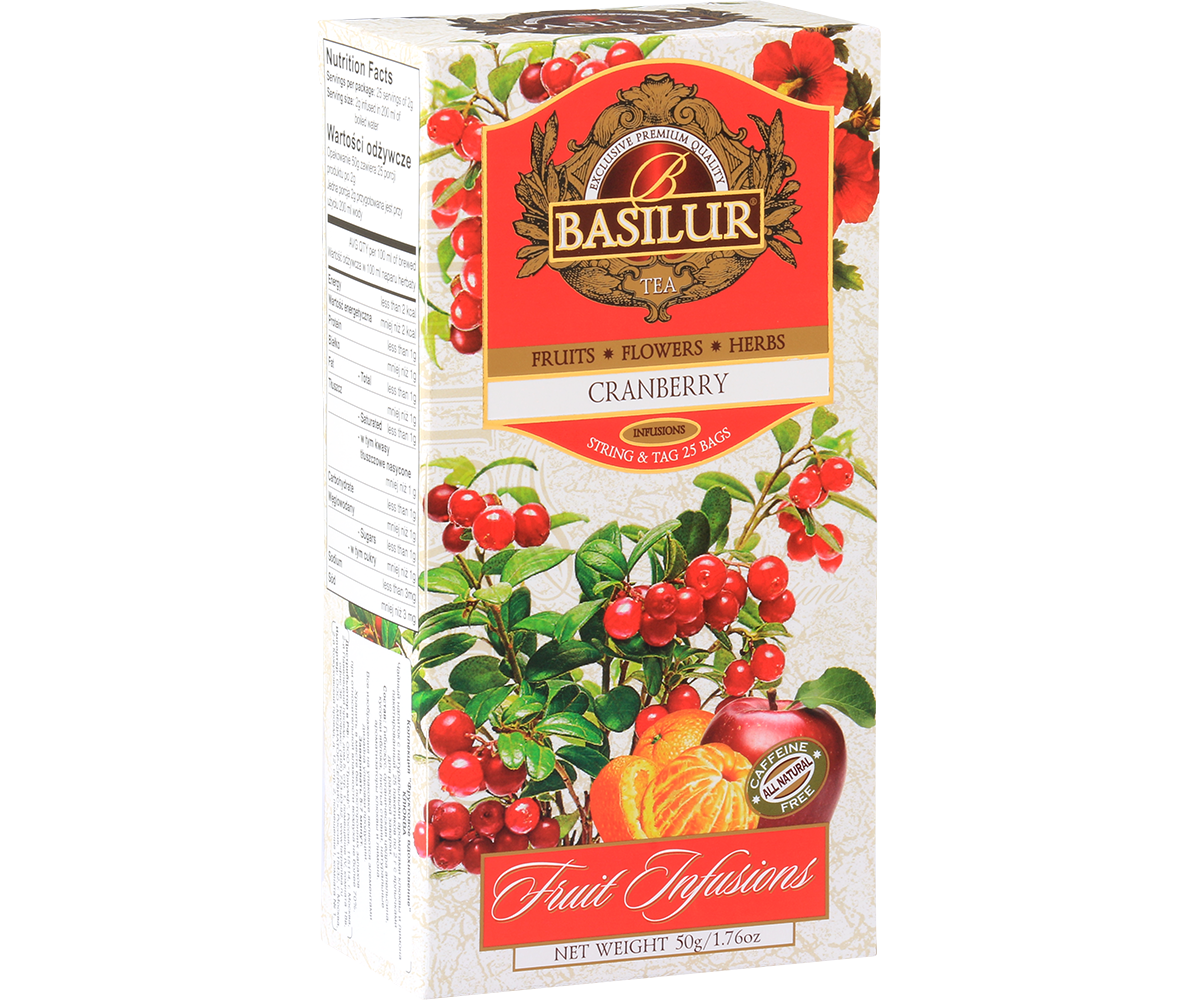 Opakowanie herbaty Basilur Cranberry z ilustracją żurawiny, jabłka i pomarańczy – owocowa herbata bez kofeiny.
