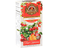 Opakowanie herbaty Basilur Cranberry z ilustracją żurawiny, jabłka i pomarańczy – owocowa herbata bez kofeiny.