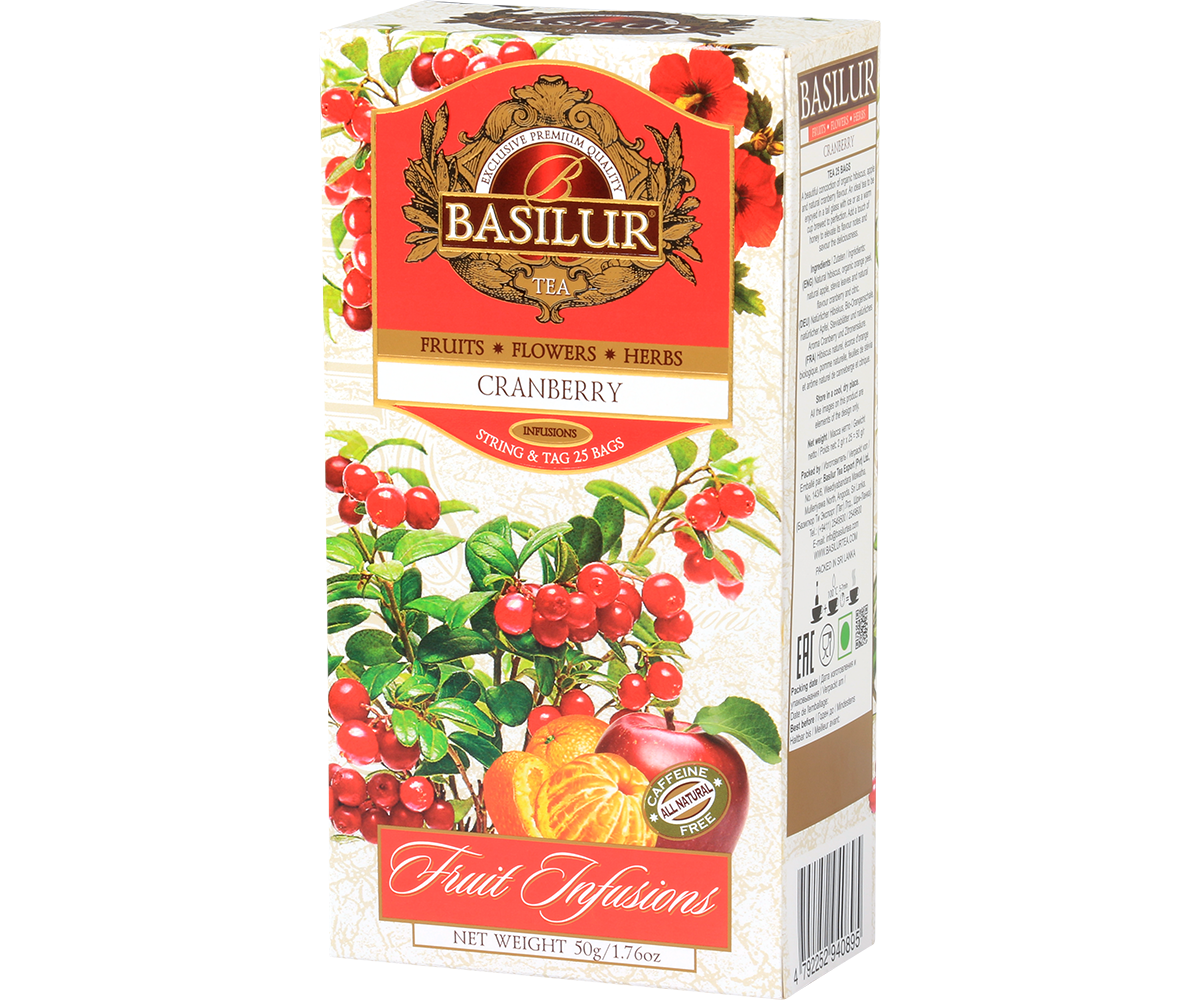 Zbliżenie na pudełko Basilur Cranberry – aromatyczna herbata z żurawiną, idealna do picia na ciepło lub zimno.