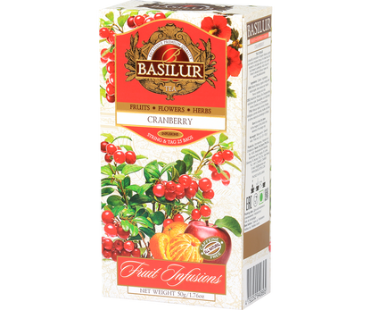Zbliżenie na pudełko Basilur Cranberry – aromatyczna herbata z żurawiną, idealna do picia na ciepło lub zimno.