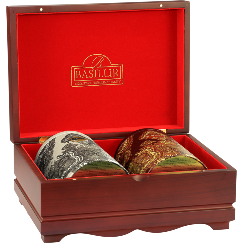 Dwie ozdobne puszki herbat Basilur Oriental Collection 5 w ekskluzywnej skrzynce.