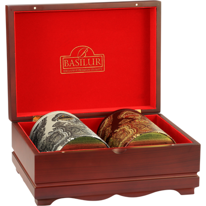 Dwie ozdobne puszki herbat Basilur Oriental Collection 5 w ekskluzywnej skrzynce.
