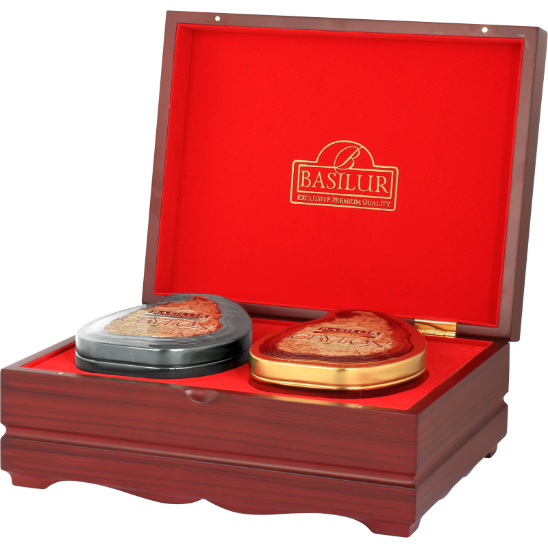 Drewniany ekspozytor Basilur Island of Tea – zestaw dwóch puszek herbaty w eleganckim pudełku.