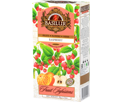 Herbata Basilur Raspberry w ozdobnym opakowaniu z motywem malin – naturalna mieszanka owoców i ziół.
