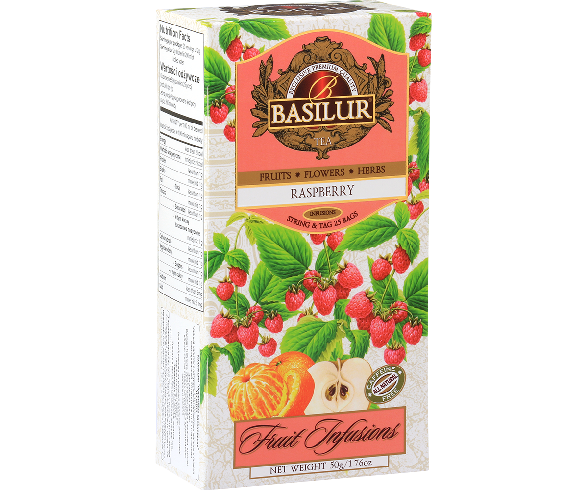 Opakowanie herbaty Basilur Raspberry z ilustracją malin, jabłka i pomarańczy – aromatyczna herbata bez kofeiny.